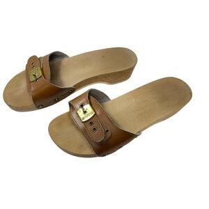 Dr. Scholl’s Vintage 70s Pescura Wood Tan Leather Slide Sandal Women’s Size‎ 7
